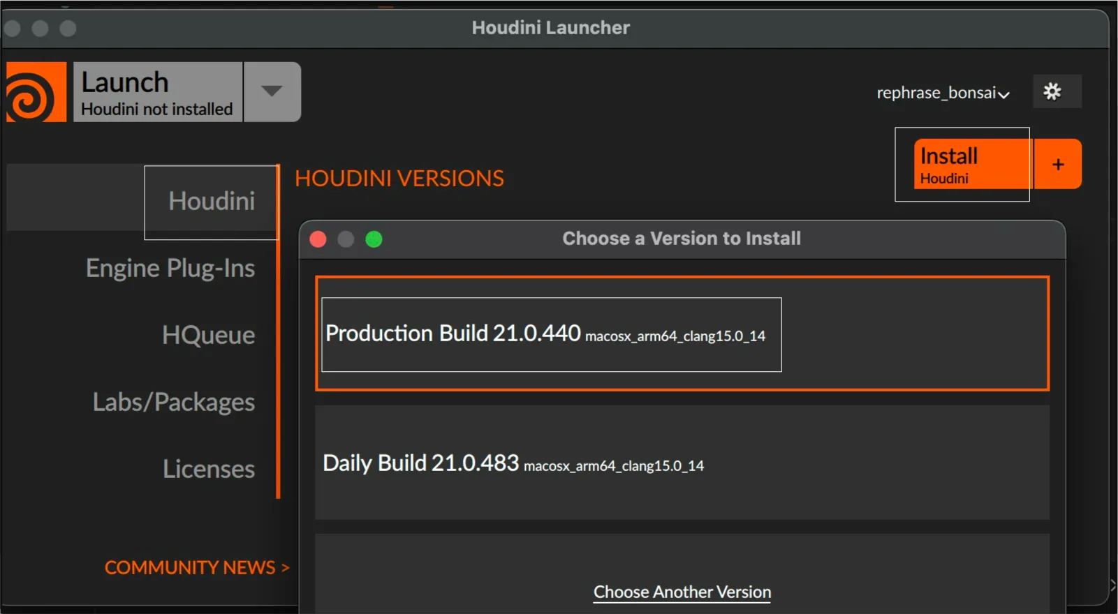 Launcher 中的 Houdini 安装入口